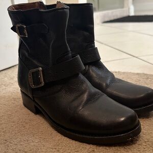 Frye Black Leather Ankle Boots with Buckle